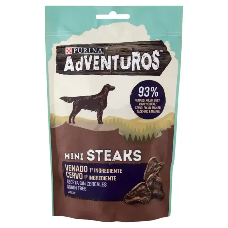 Purina Adventuros Mini Steaks Venit, Pui, Vita, Curcan & Porc 70 g Bax 7 buc.