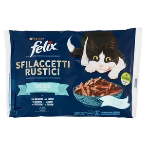 Felix Sfilaccetti de pisică rustică cu somon și pungă de ton Gr 80X4 buc, Bax 12 buc