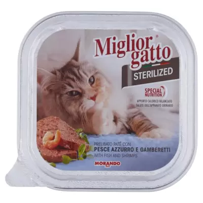 Miglior Gatto Sterilizat Paté Delicios cu Peste Albastru si Creveti 100 gr Bax 32 buc.