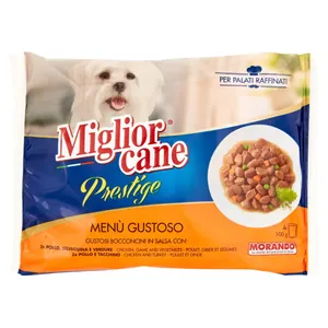 Miglior Cane Prestige cu Pui, Vanat si Legume-Pui si Curcan 4x100g Bax 12 buc.