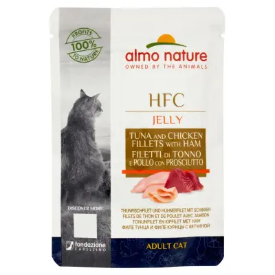 Almo Nature Hrana pentru Pisici Jeleu Hfc Fileuri de Ton/Pui/Sunca 55g  Bax 24 buc.