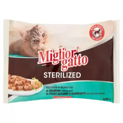 Miglior Gatto Sterilizat Bocconcini in Jeleu cu Somon, Peste Albastru si Creveti 4 x 85g Bax 12 buc.