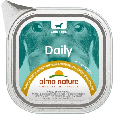 Almo Nature Daily Hrana pentru Caini cu Pui, Sunca si Branza 100 g Bax 32 buc.